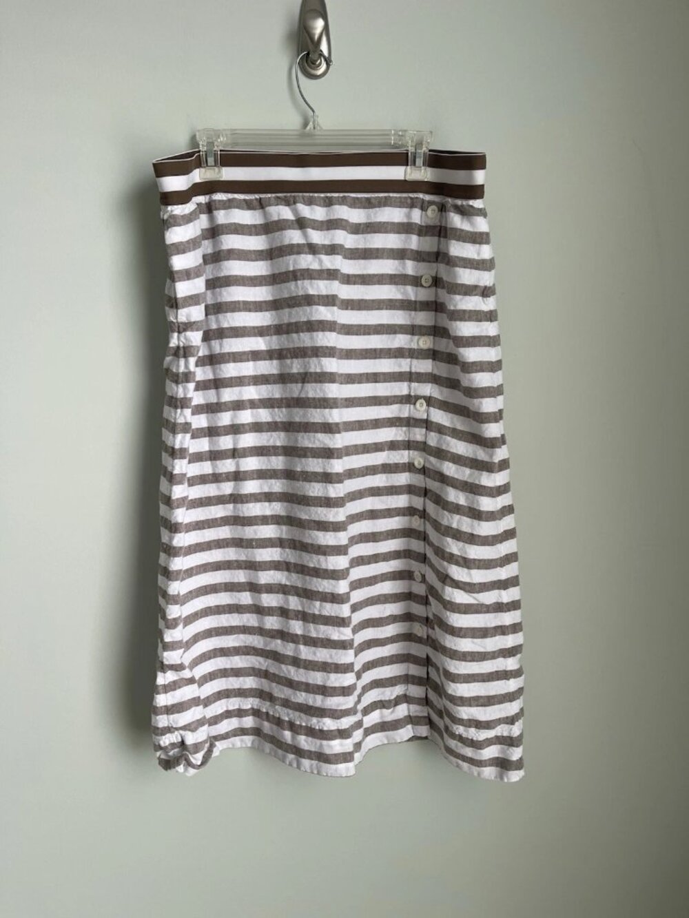 J Jill Love Linen Beige Striped Maxi Skirt Elastic Waist Pockets Buttons